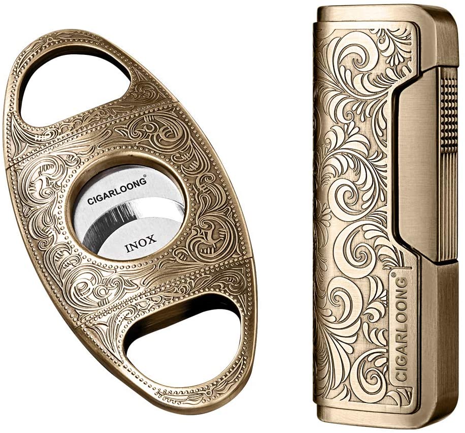 CIGARLOONG Cigar Cutter and Retro Carved Lighter